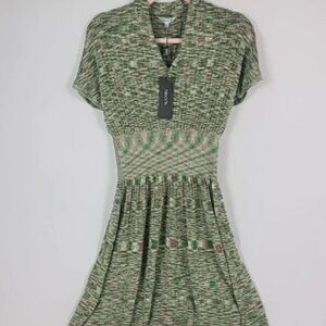 NEW Misook Mini Fit & Flare Green Dress V-neck Pleated Knit Size S MSRP $348 NWT